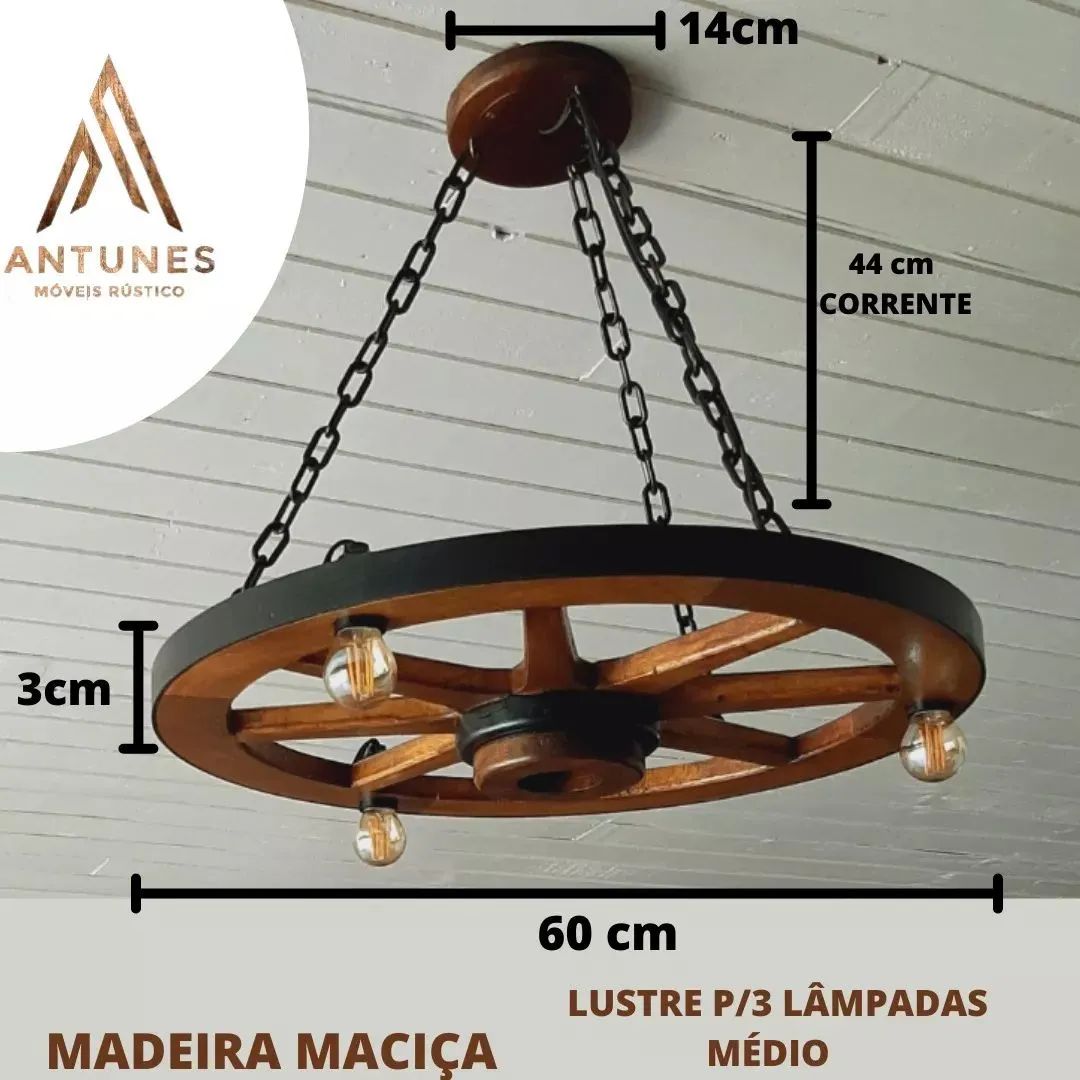 Lustre Rústico Roda De Carroça 60cm Retro P/3 Lâmpadas<br> - Foto 6
