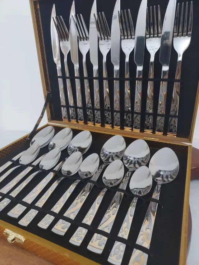 Belíssimo faqueiro vintage aço nobre filetado dourado resistente  - Foto 5