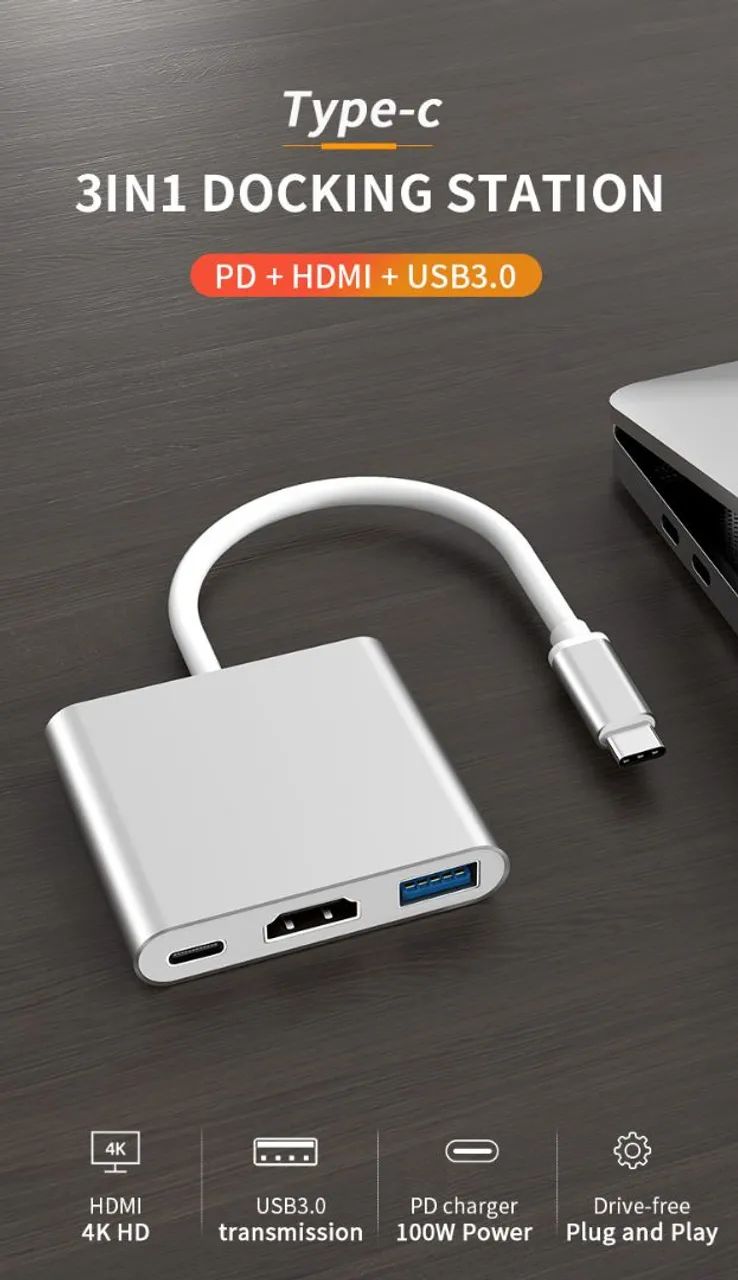 Hub USB-C para HDMI 4K com 3 Portas (Não faço entregas) - Foto 4