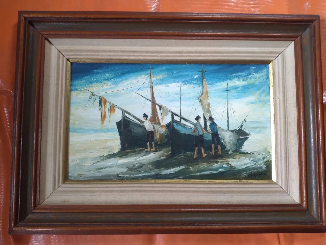 Quadro Óleo sobre tel 1981 barcos e pescadores 