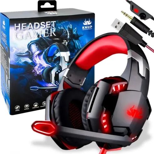 Headset Gamer Knup KP-455A Red Led Vermelho 7.1 P3 + Adaptador P2 - WZetta