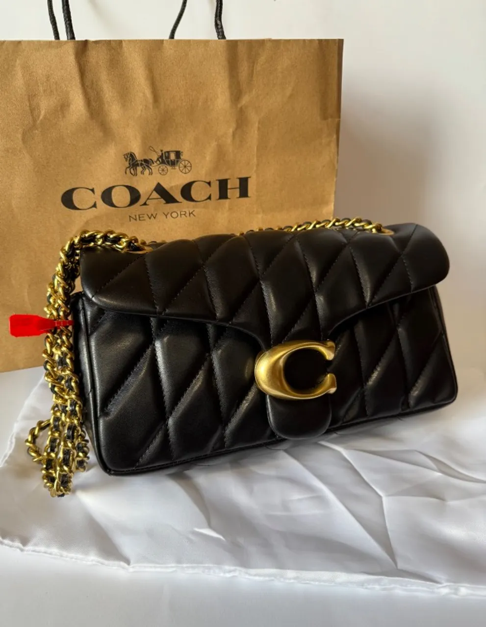 sale bolsa coach tabby 26 with quilting preta e dourada nova