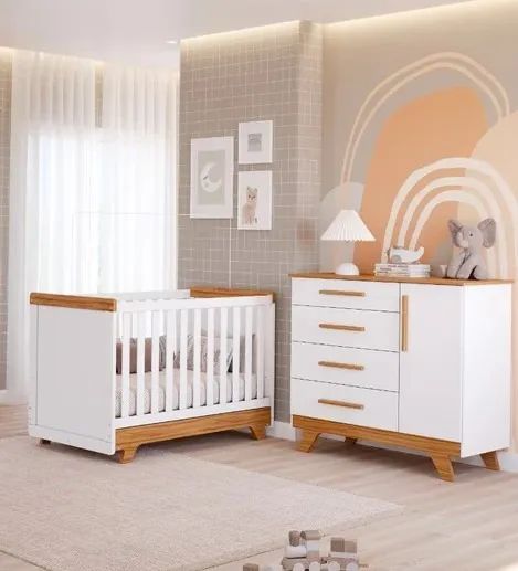 Comoda Retro Liso + Berço Cama Americano Retro, 100% MDF - Peroba