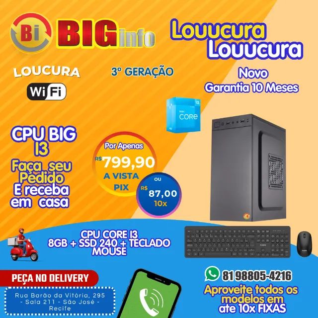 Computador BIG Intel Core I3, Ssd 240gb, 8gb De Memoria Ram - Em Até 10x Fixas - Com Nf-e