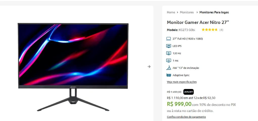Monitor Gamer Acer Nitro 27 Polegadas 120hz Lacrado!