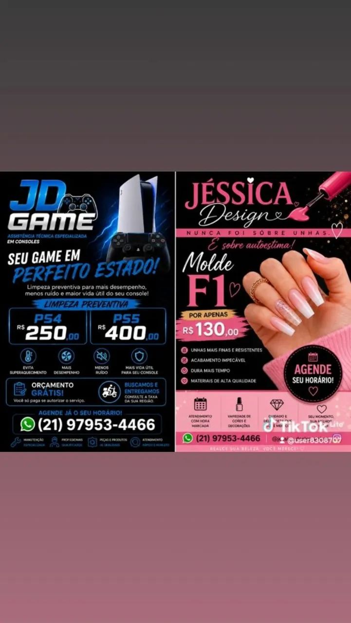 Tenho duas profissões reparo em celular e vídeo game e manicure 