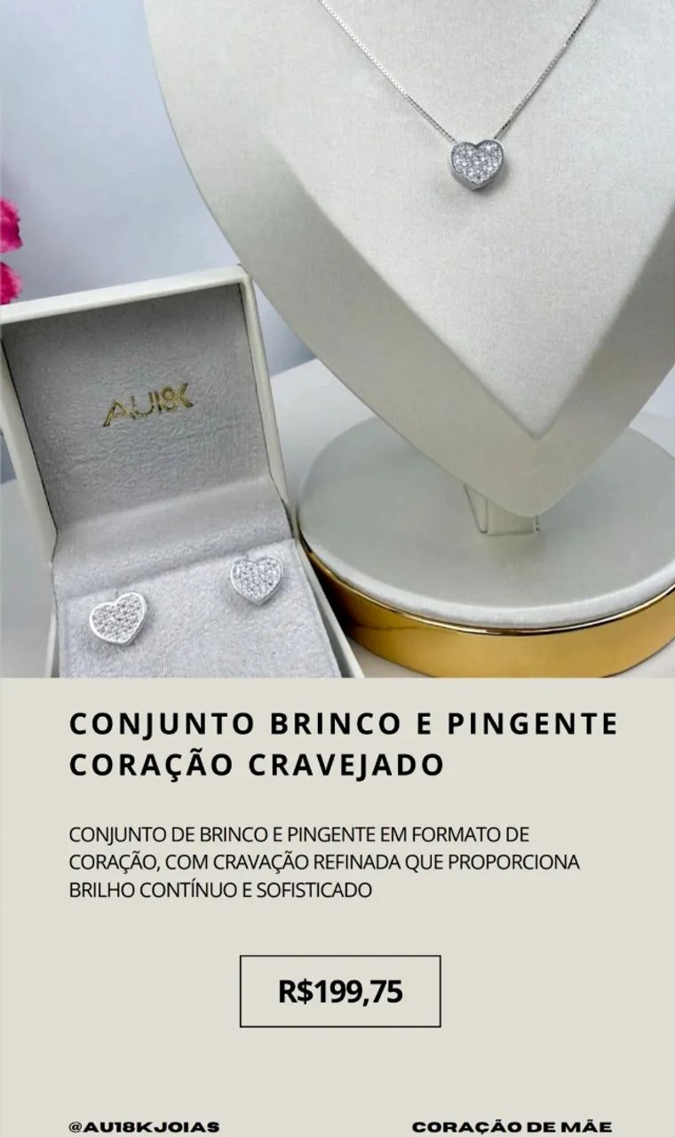 Conjunto Brinco e Pingente Coração Cravejado em Prata 925