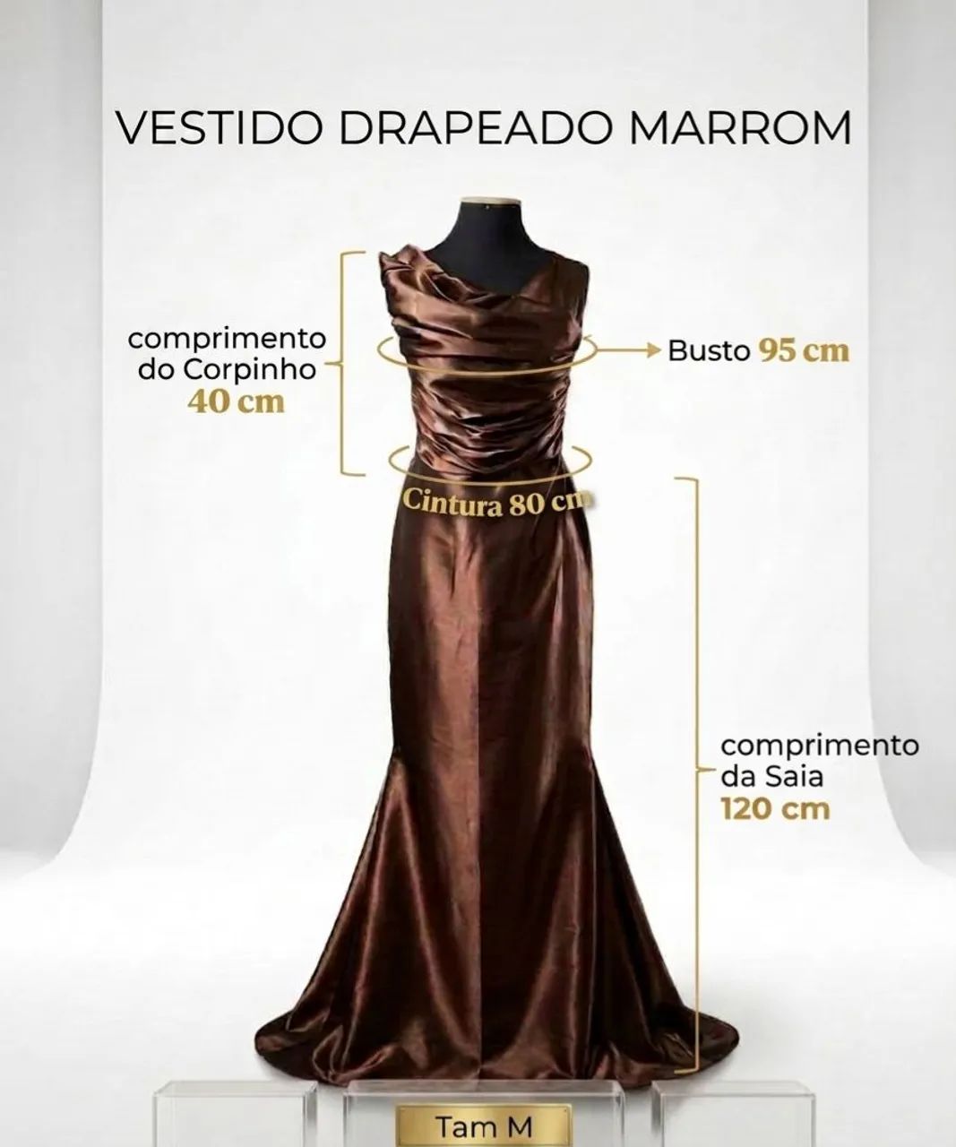Vestido Drapeado Marrom Longo