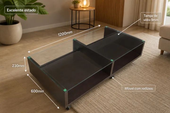 Mesa de centro, Balcão Móvel com Tampo de Vidro  - Foto 2