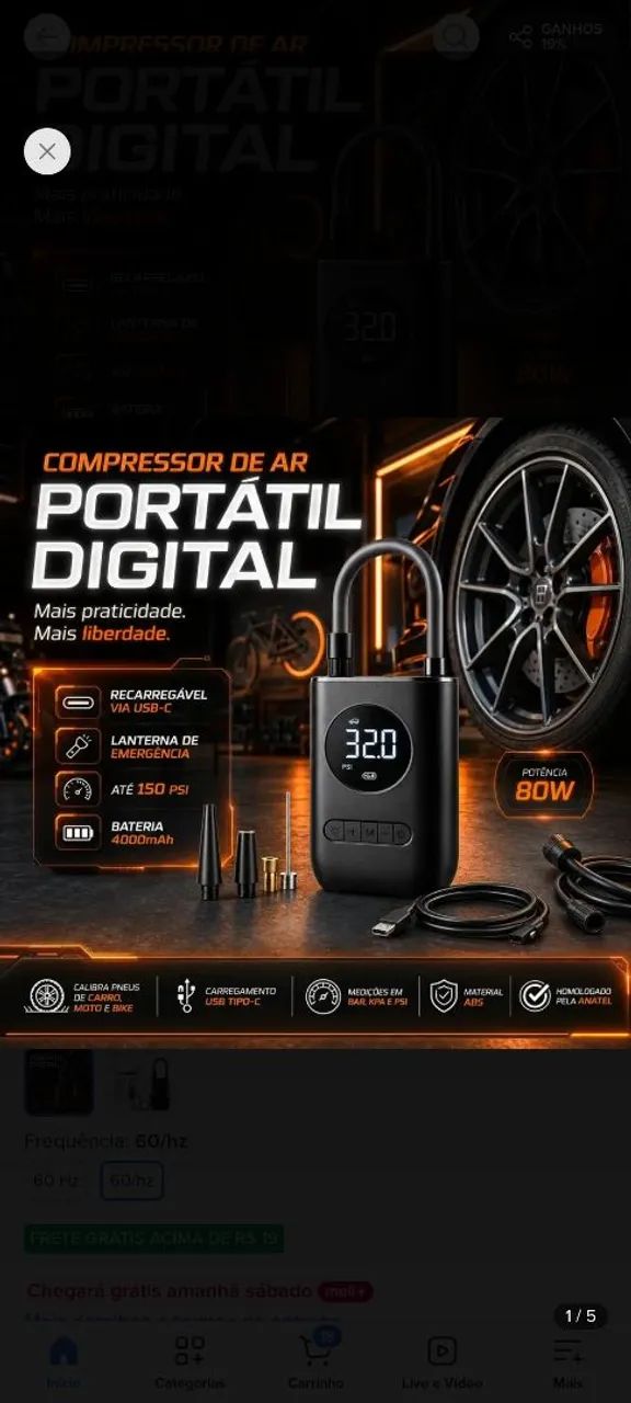 Mini Compressor de Ar Digital Portátil 