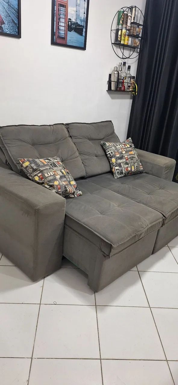 Sofá Retrátil Cinza 3 lugares