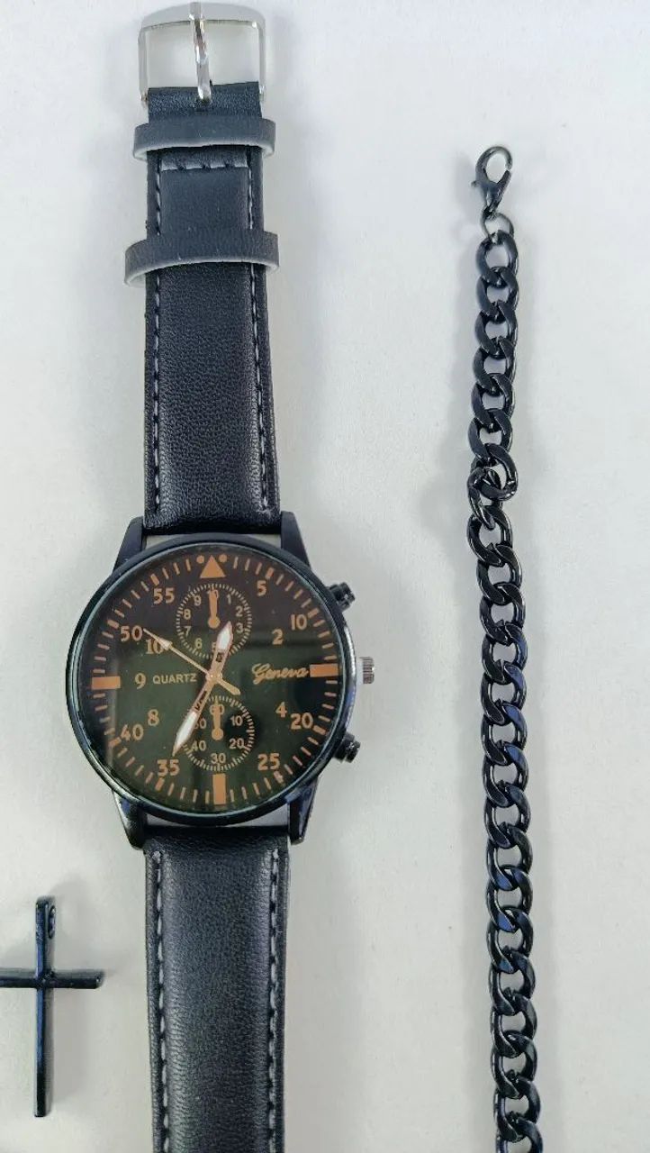 Relógio de Pulso De Boa Qualidade com Pulseira Preta Brinde Colar e Pulseira  - Foto 2