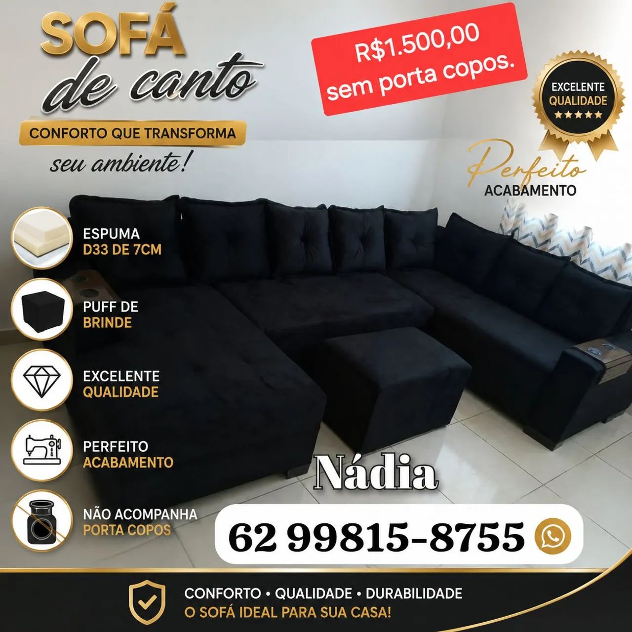 SOFÁ EM PROMOÇÃO PRETO DE CANTO COM CHAISE 