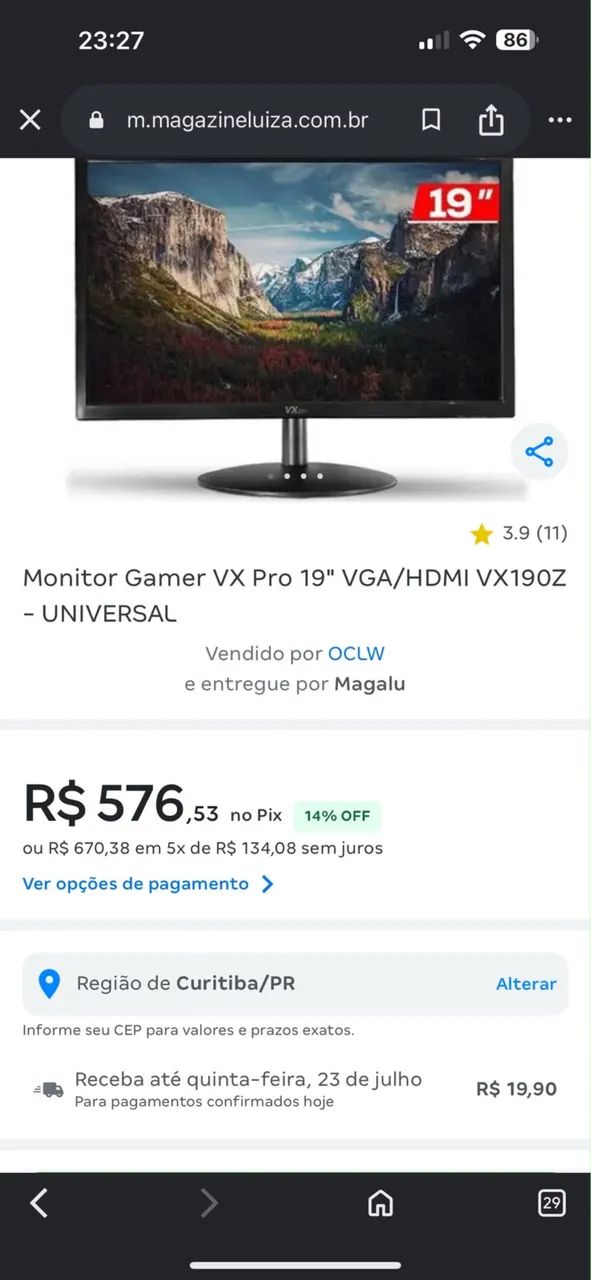 VENDO MONITOR GAME 19 POLEGADAS NOVO NA CAIXA