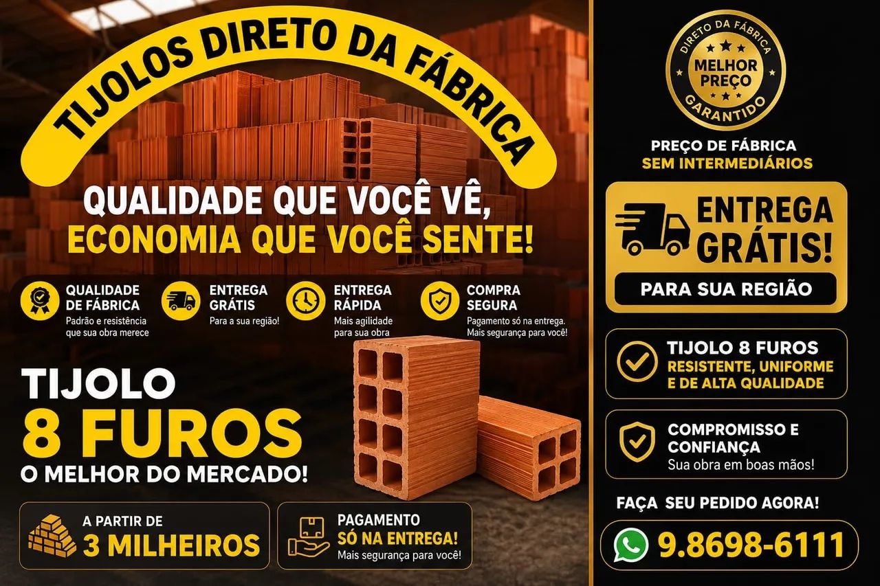 Promoção Tijolo 8 Furos de Fábrica / Entrega Com Frete Grátis Só pague na entrega 