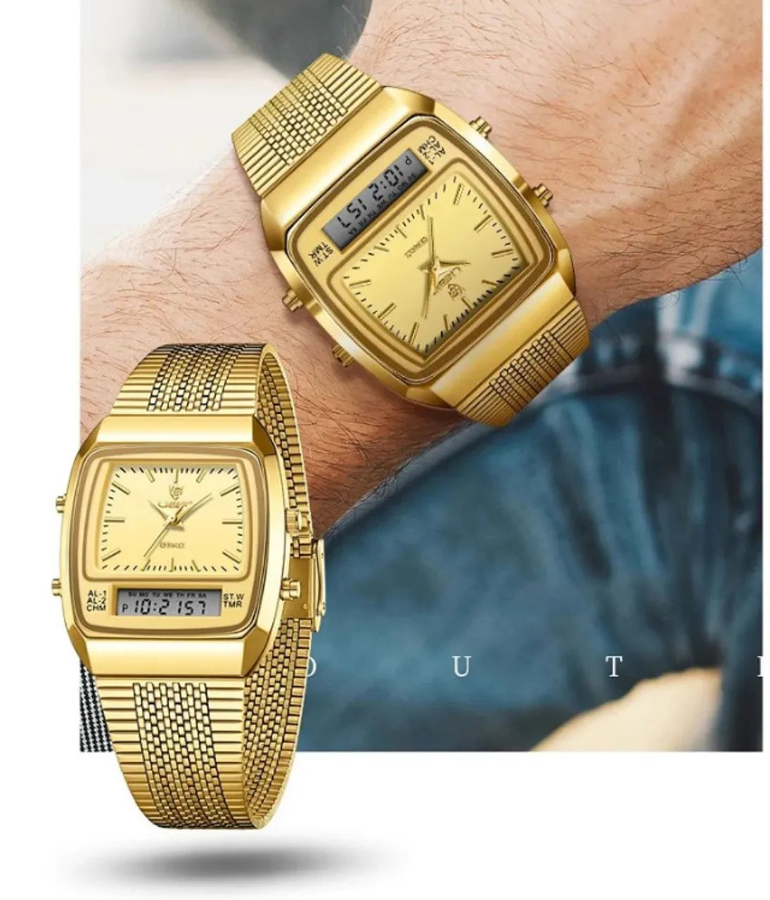 Relógio Dual Display Dourado Clássico Nostalgia Aço Inoxidável - Foto 2