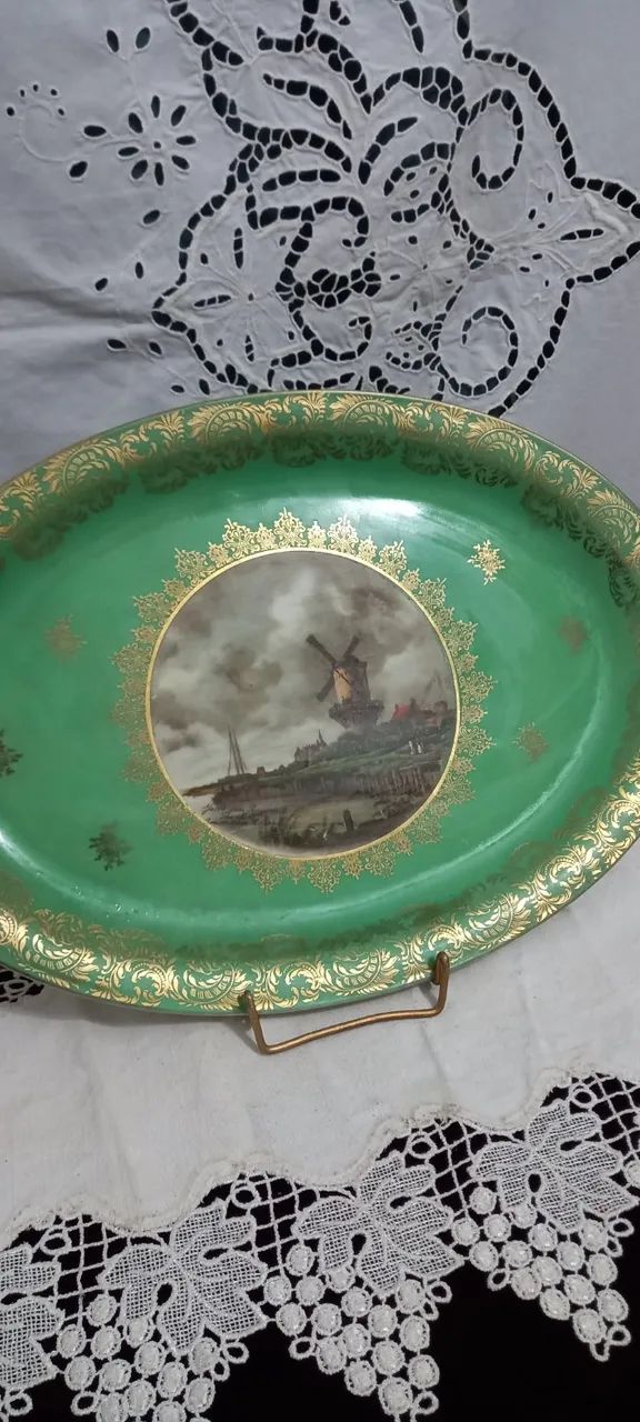 Antiga Travessa De Porcelana Alemã Paisagem De Moinho - Foto 3