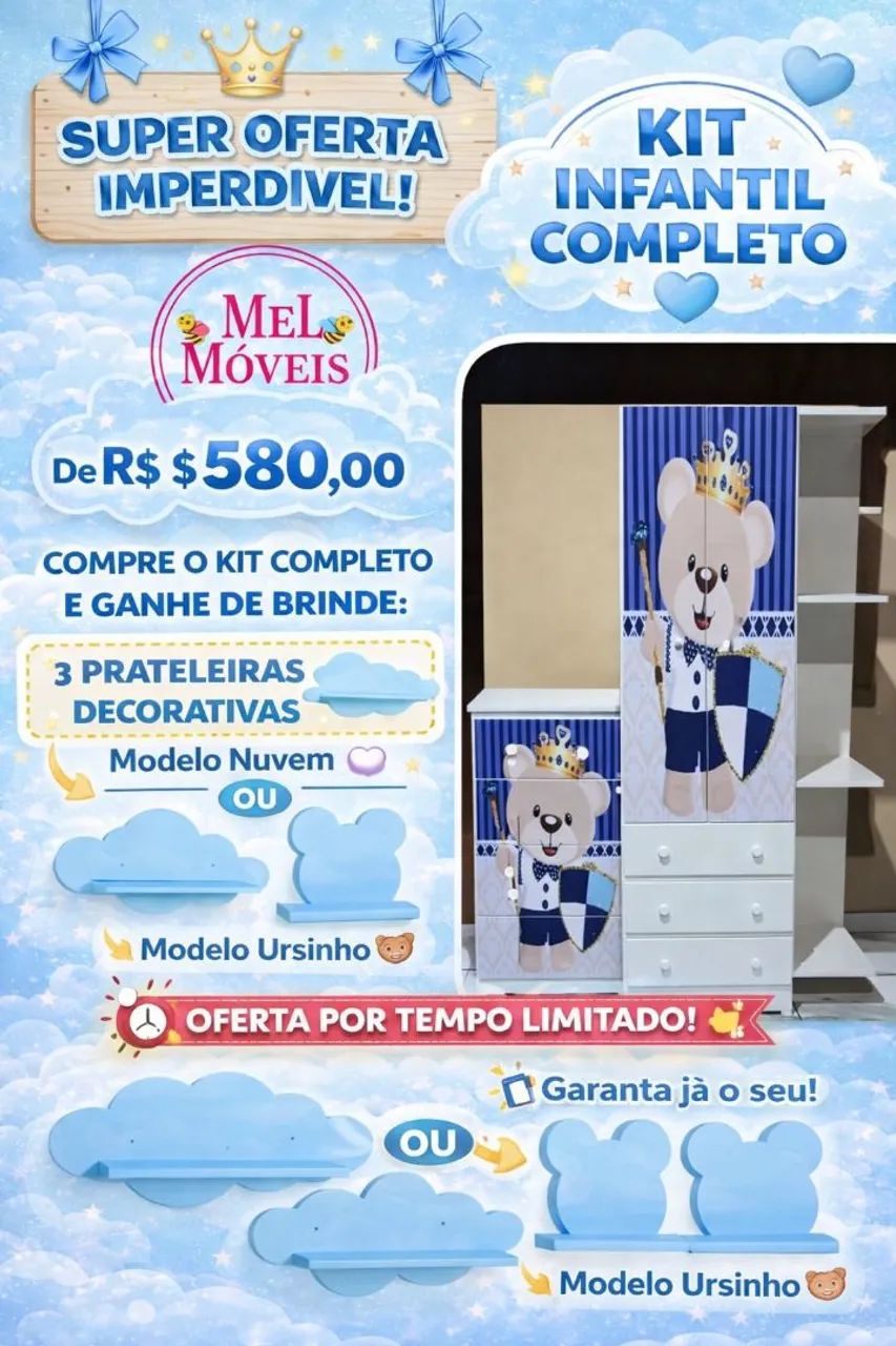 Kit infantil personalizado completo com 3 prateleiras de brinde 