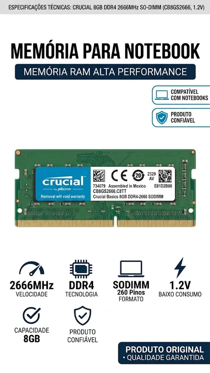 Crucial 8GB DDR4 2666MHz SODIMM - Memória RAM - Veloso, Osasco