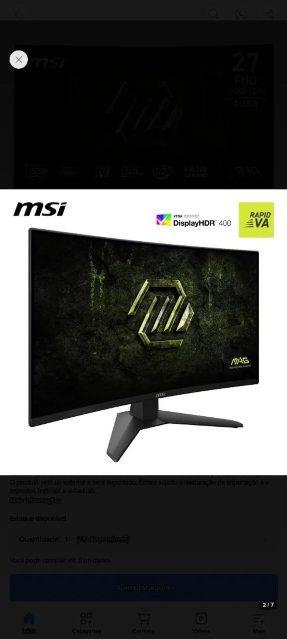 Monitor Gamer  Msi 27 Polegadas, Curvo, 240 Hz, Fhd, 0,5 Ms - Foto 2