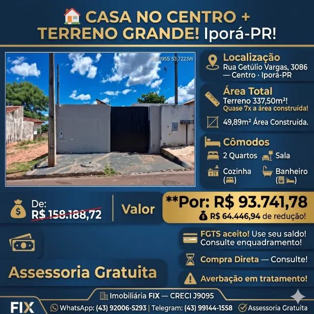 ? CASA NO CENTRO + TERRENO GRANDE! Iporá-PR!