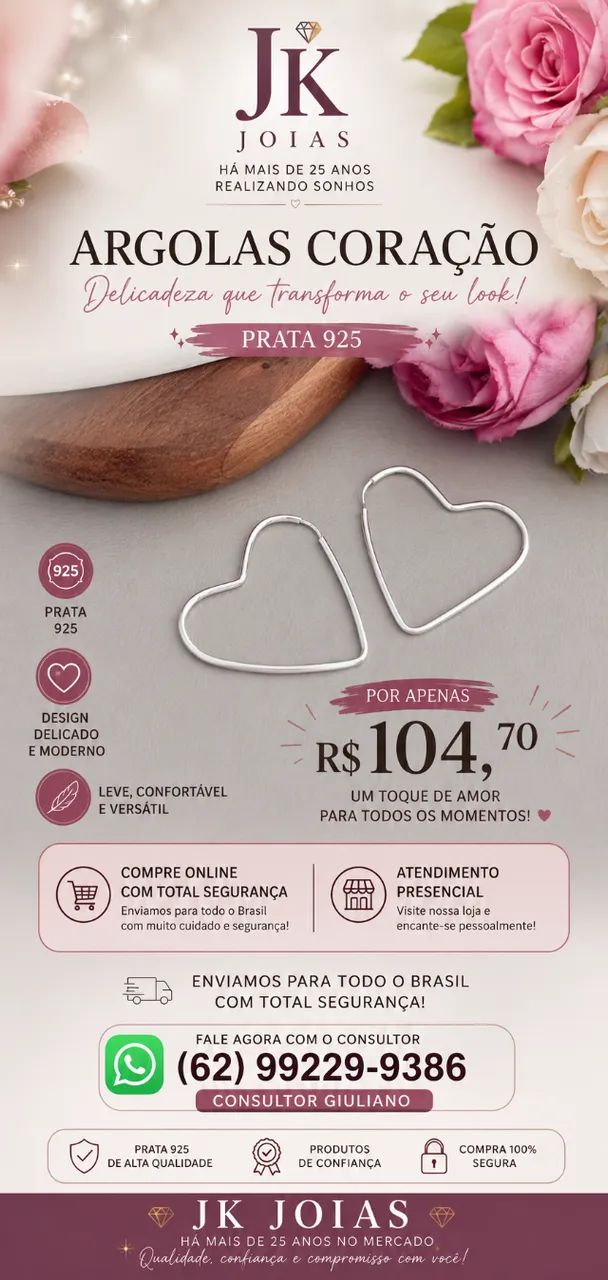 Brincos Argolas Coração em Prata 925