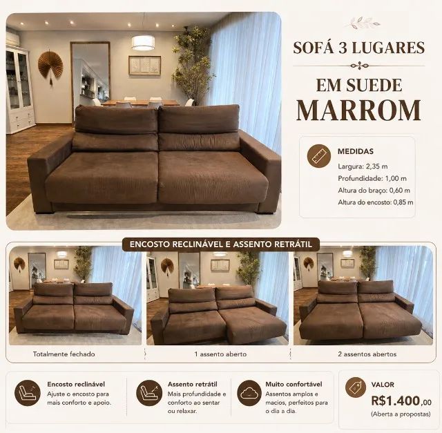 Sofá retrátil com encosto reclinável com 2,35m em suede marrom - Foto 2