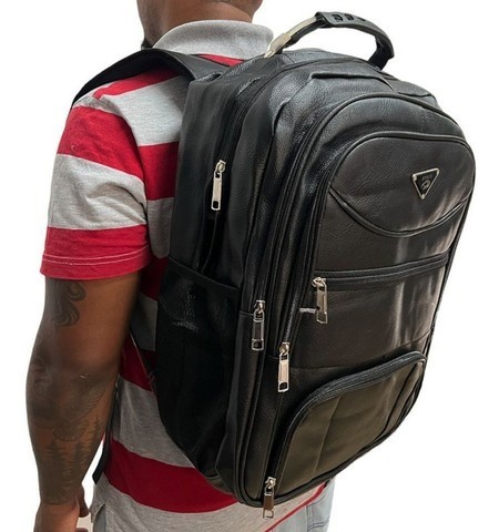 Bolsa Mochila de Couro Universitária Feminina Masculina Grande Reforçada Com Cabo De Aço - Foto 3