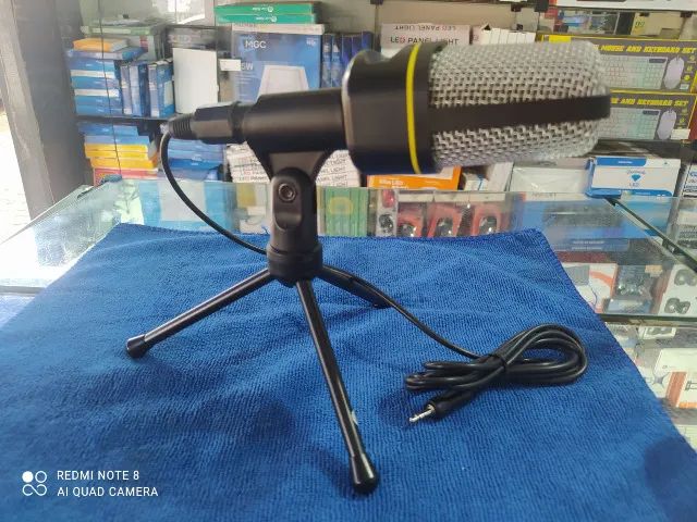 Microfone condensador redução de ruído com suporte para mesa + cabo de 1.8m