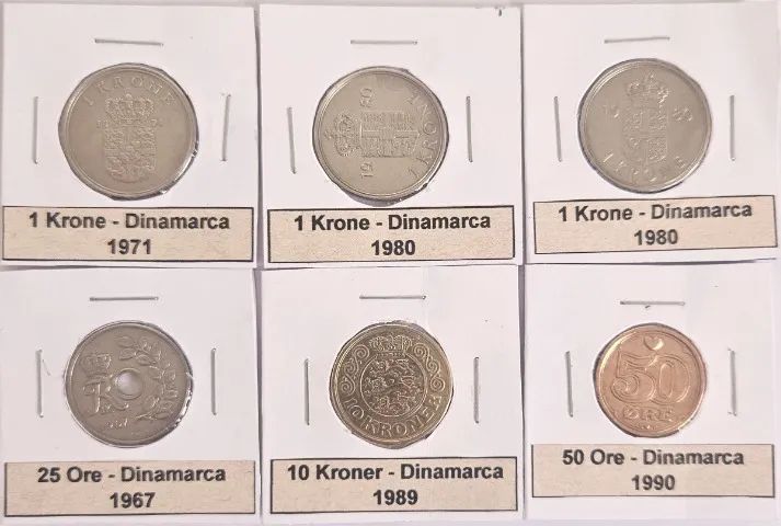 Kit 06 Moedas DInamarca - 1967 - 1971 - 1980 - 1989 - 1990.
