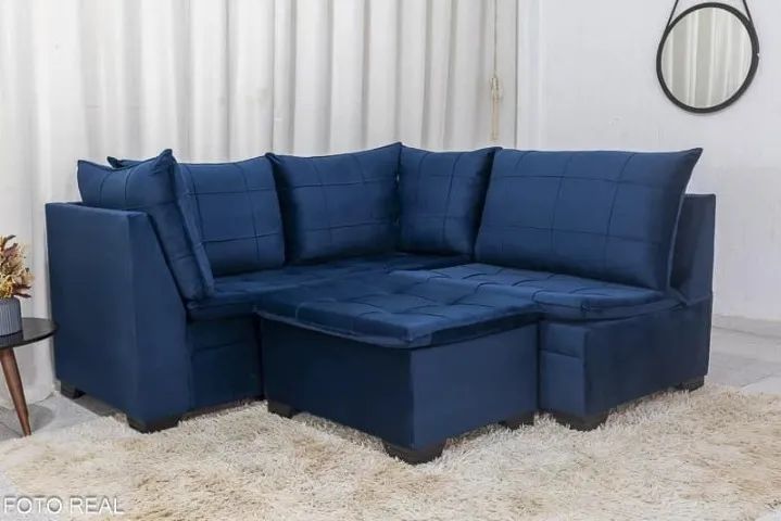 Sofá Canto 5 lugares com Puff Viena Veludo- Produto Novo Entrega Rápida