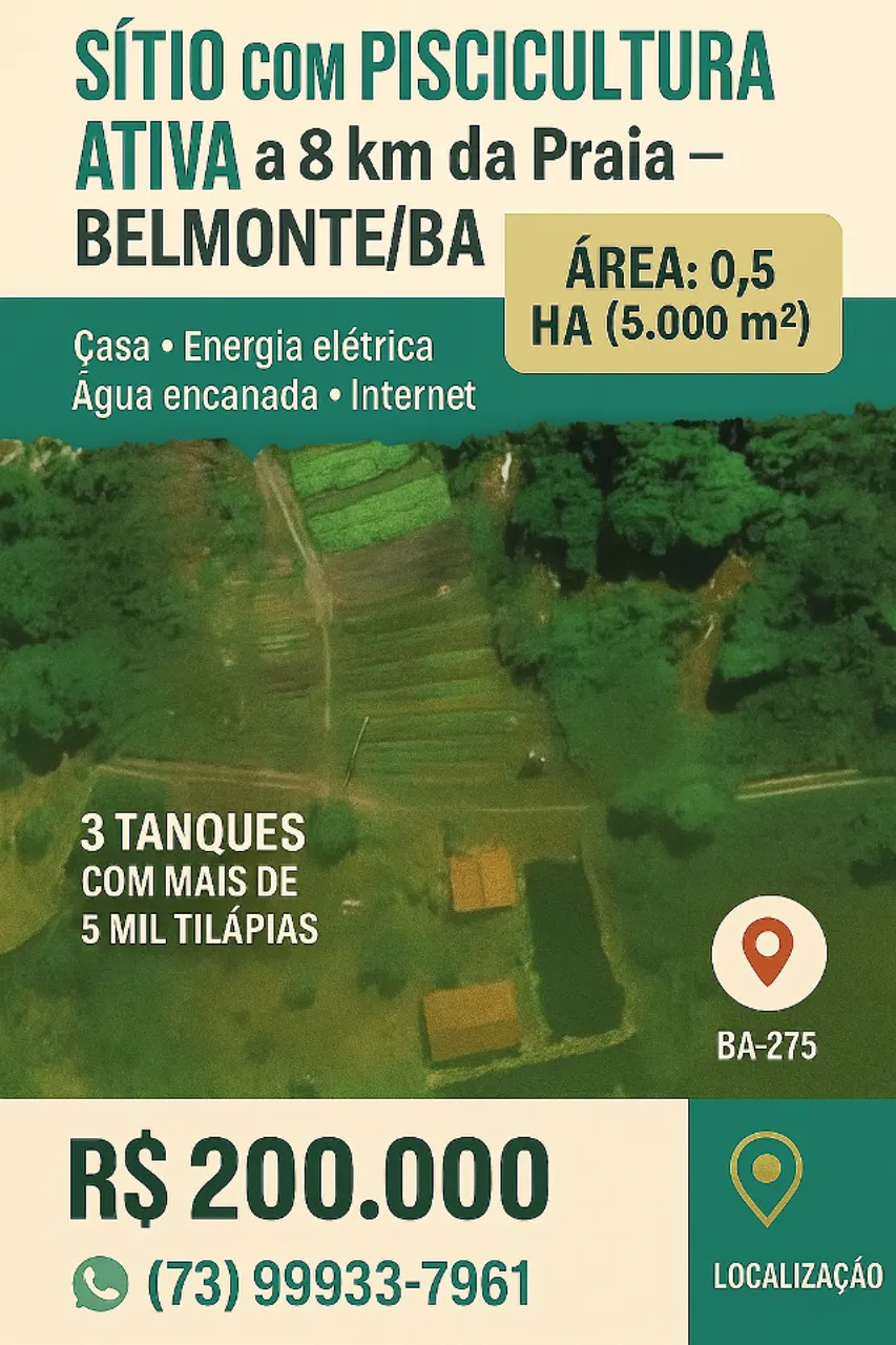 Sítio com Piscicultura Ativa a 8 km da Praia - Belmonte/BA