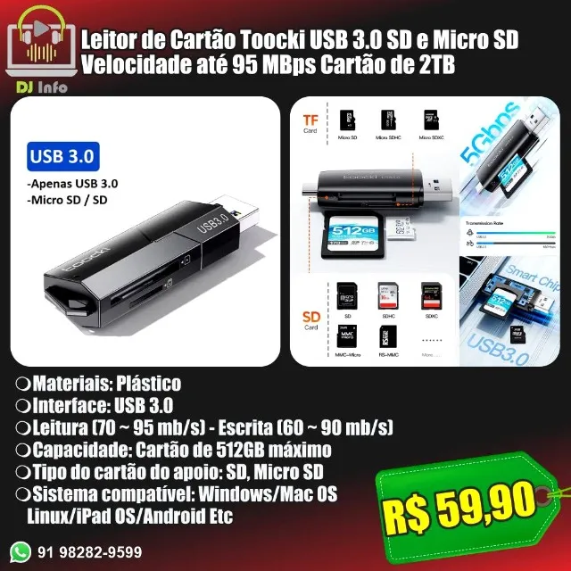 Leitor de Cartão Toocki USB 3.0 SD e Micro SD Velocidade até 95 MBps Cartão de 2TB