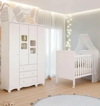 Roupeiro Lumi 4 Portas + Berço Americano Cloe, 100% MDF - Peroba 