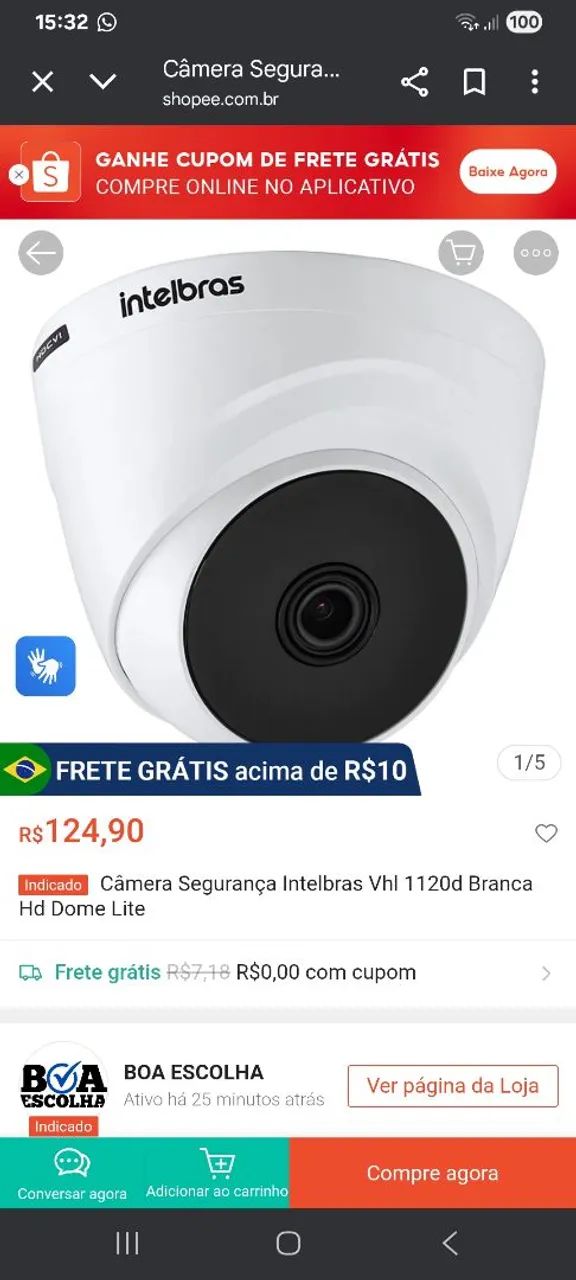 Câmera Segurança Intelbras Vhl 1120d Branca Hd Dome Lite