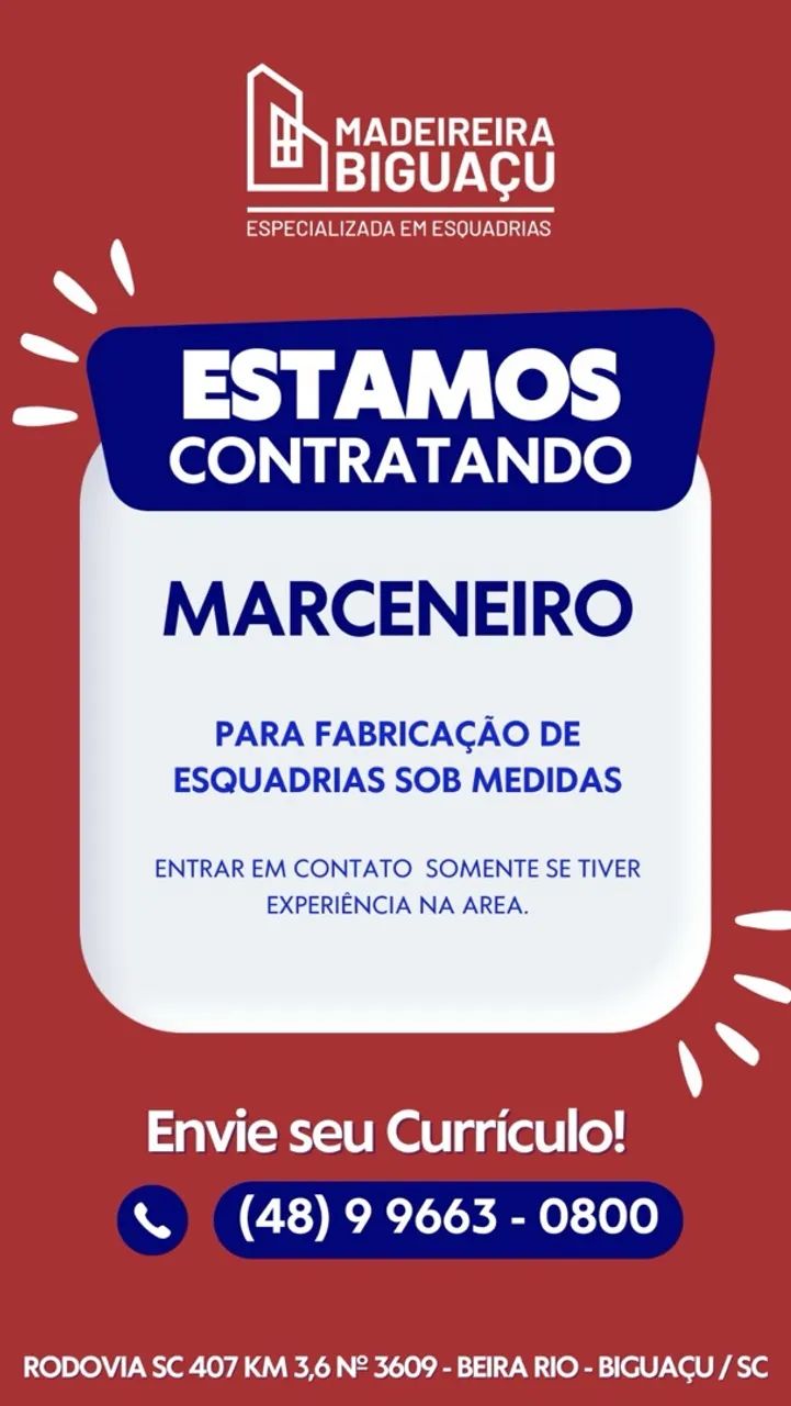 Vaga para marceneiro e auxiliar 