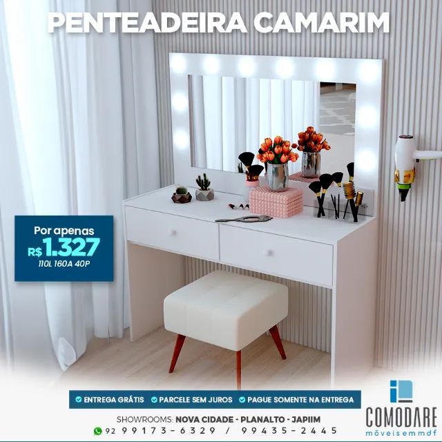 Penteadeira Camarim 110 cm com Espelho Iluminado e 2 Gavetas - R$ 1.327