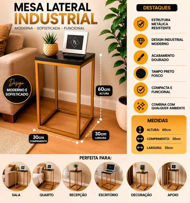 Mesa Lateral Industrial Dourada 60cm Mesa de Canto Moderna Preta - Foto 3