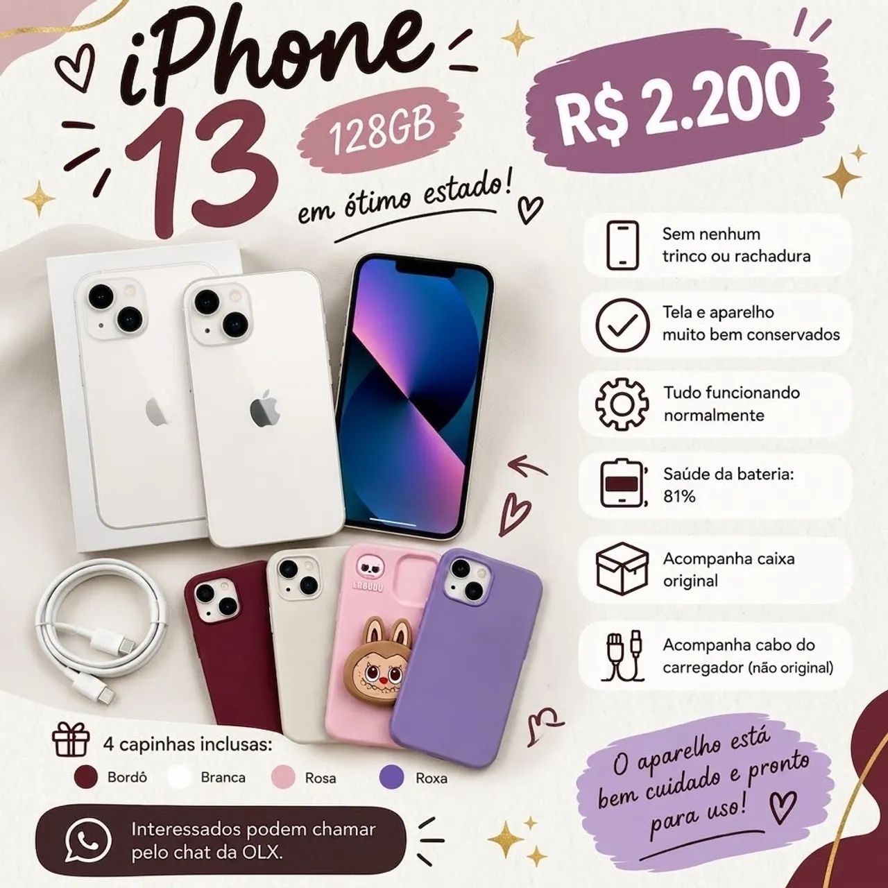 iPhone 13 128GB - Branco - Original + Com Caixa Original + 4 Capinhas + Carregador 