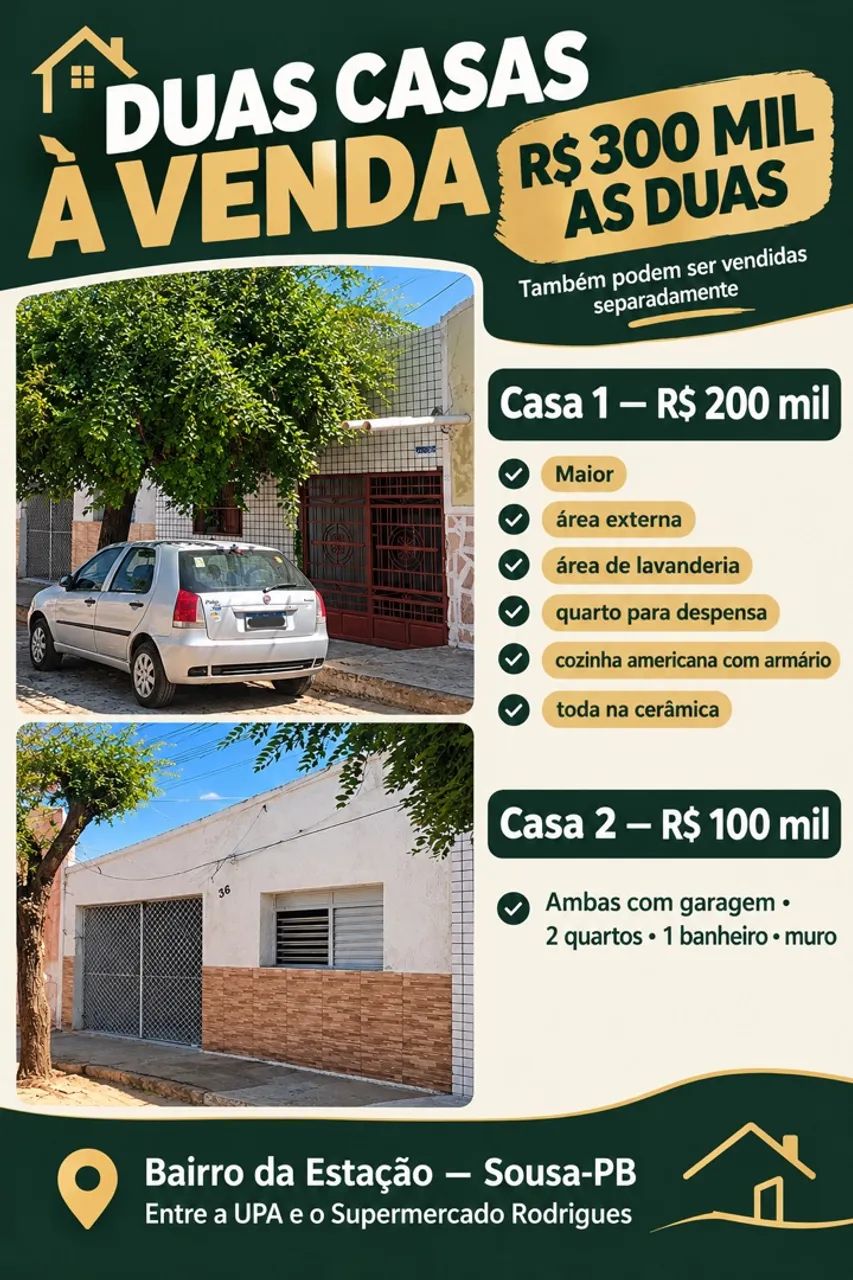 VENDE-SE DUAS CASAS. EM SOUSA-PB