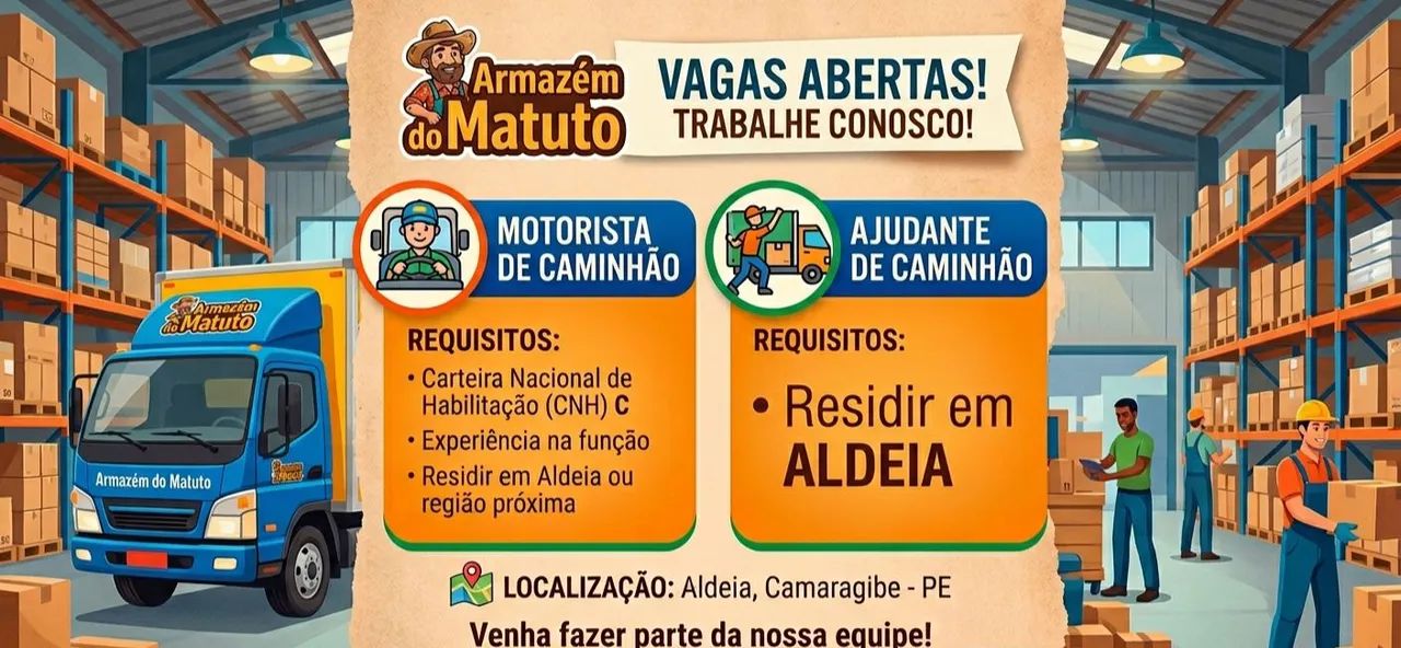 Vaga para motorista de Caminhão (categoria C) e vaga para ajudante de caminhão. 