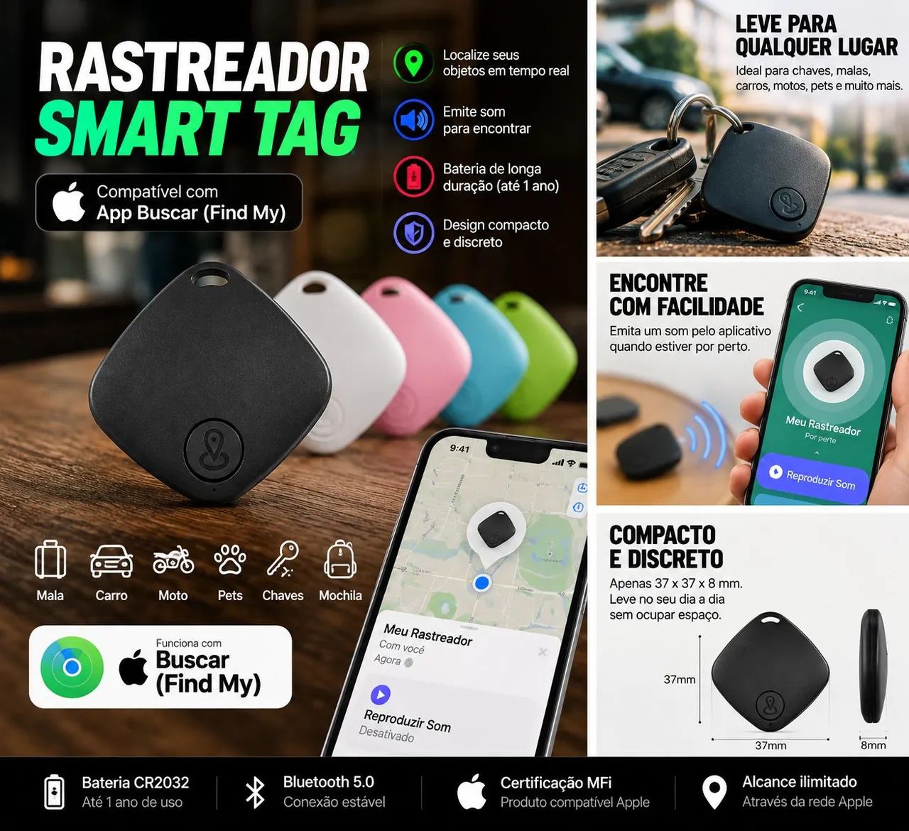 Rastreador Smart Tag Bluetooth para iPhone - Localizador de Moto, Carro, Chaves e Objetos