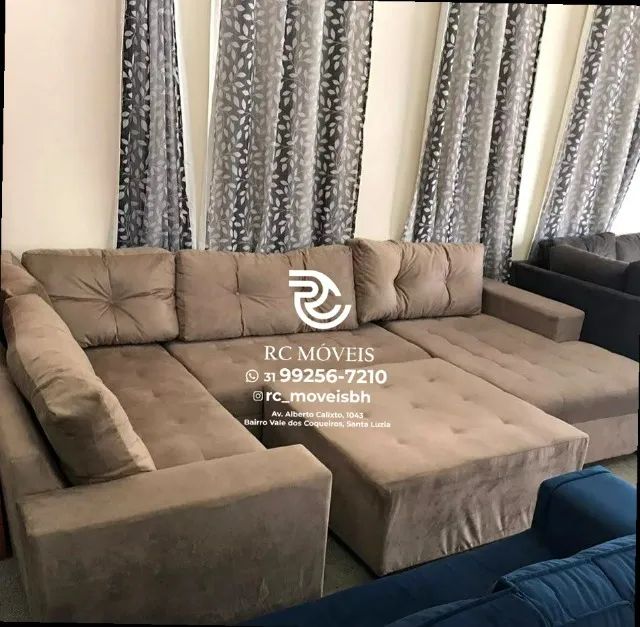 Sofá de canto Grande 3,10m com Chaise e Puff veludo macio D33 Premium - Foto 4