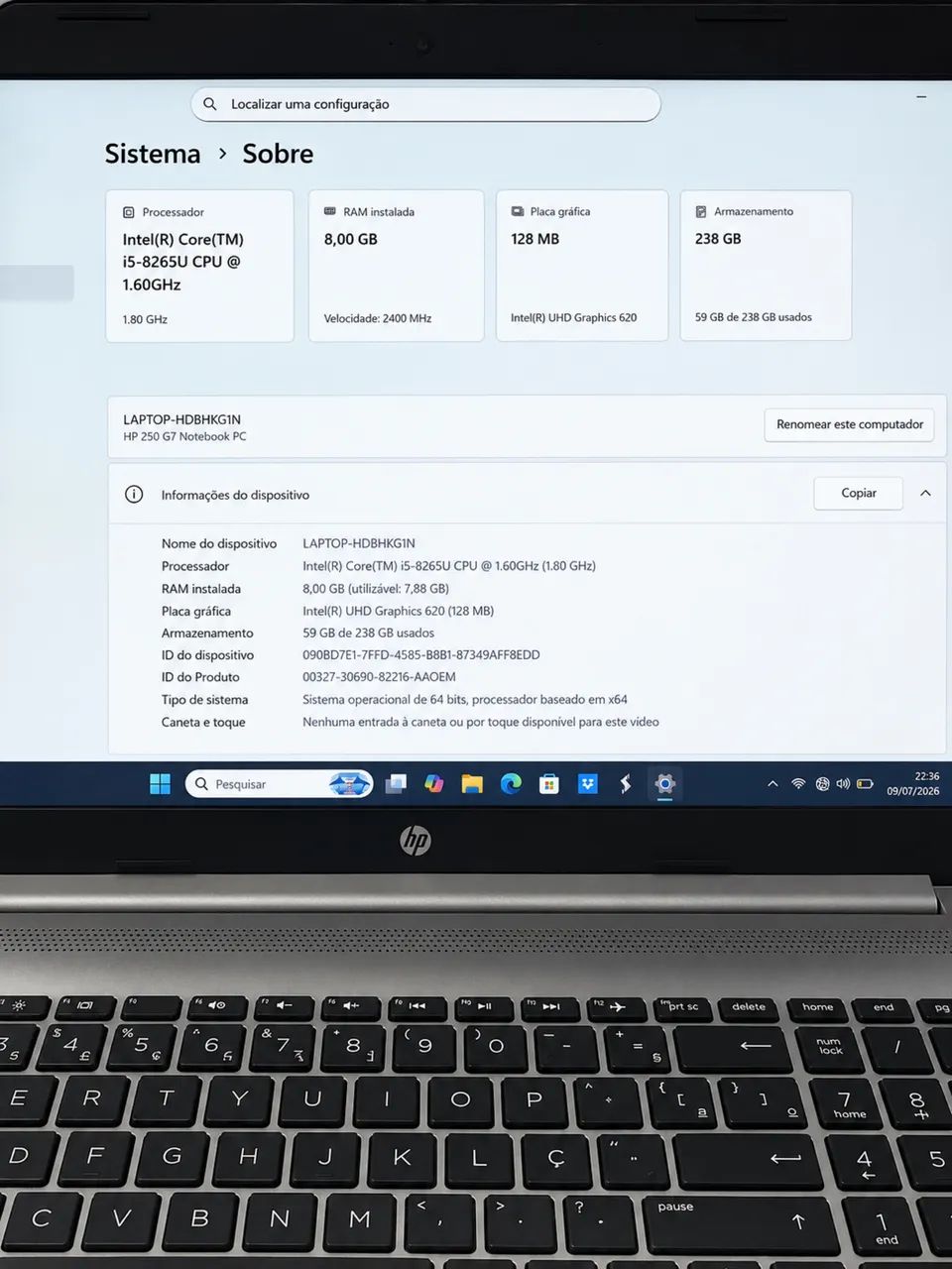 HP 250 G7 | Core i5 8ª Geração | 8GB RAM | SSD 256GB | Windows 11