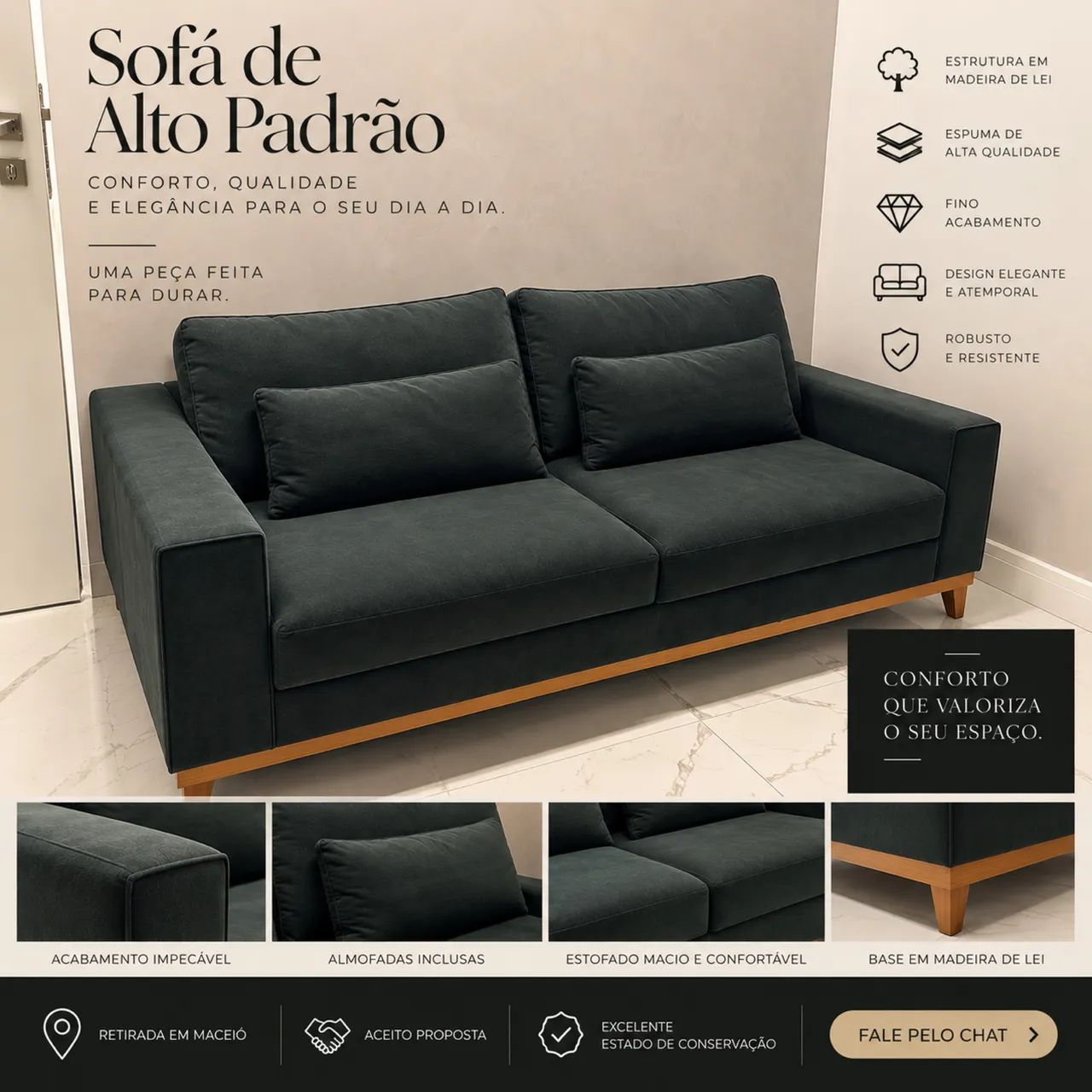 Sofá Premium em Madeira de Lei | Espuma de Alta Qualidade | Fino Acabamento