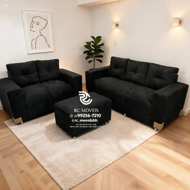 Conjunto Sofá 2 e 3 Lugares Puff Suede Bege D33 Aconchegante - Foto 5