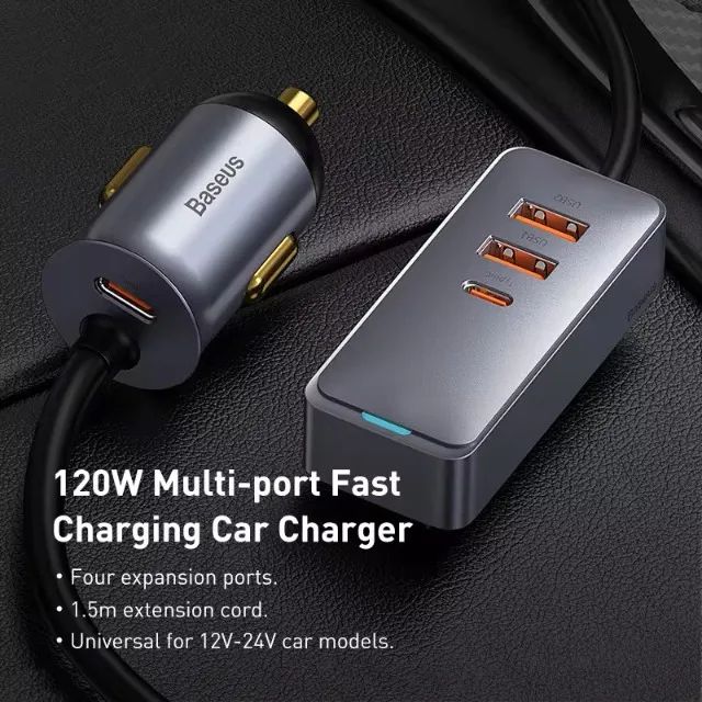 Baseus 120w - Carregador extensão veicular - 12/24v -  Rápido - Tipo C + Usb - Foto 2
