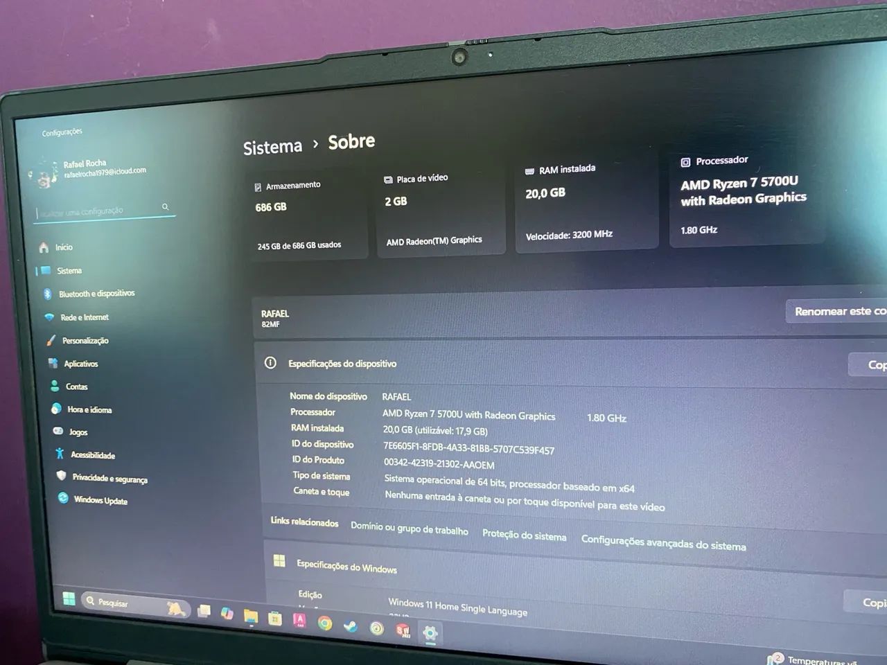 Notebook AMD Ryzen 7 5700U com Radeon Graphics - 20GB RAM