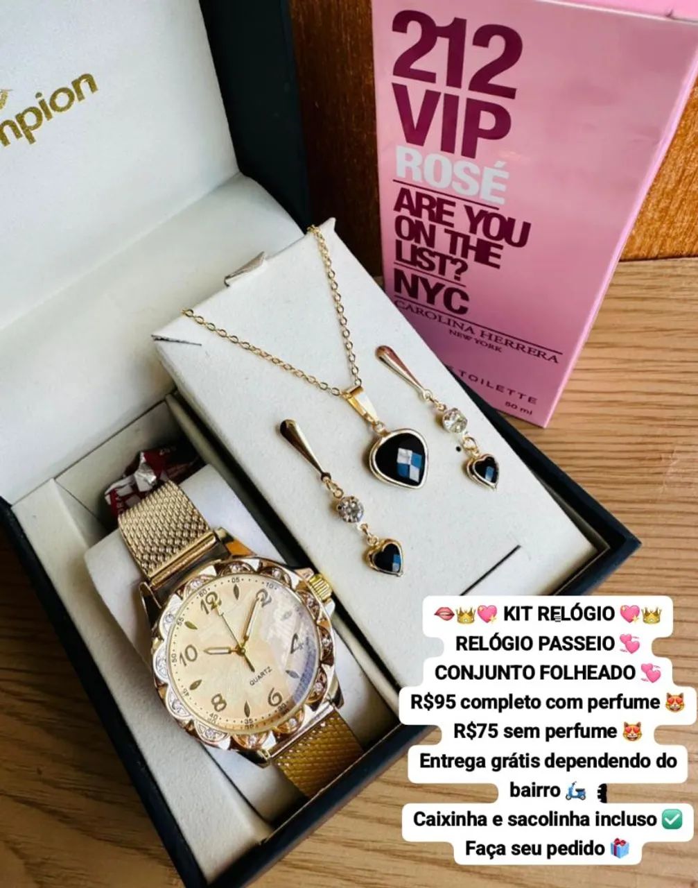 Kit Relógio + Conjunto Folheado + Perfume 212 VIP Rose