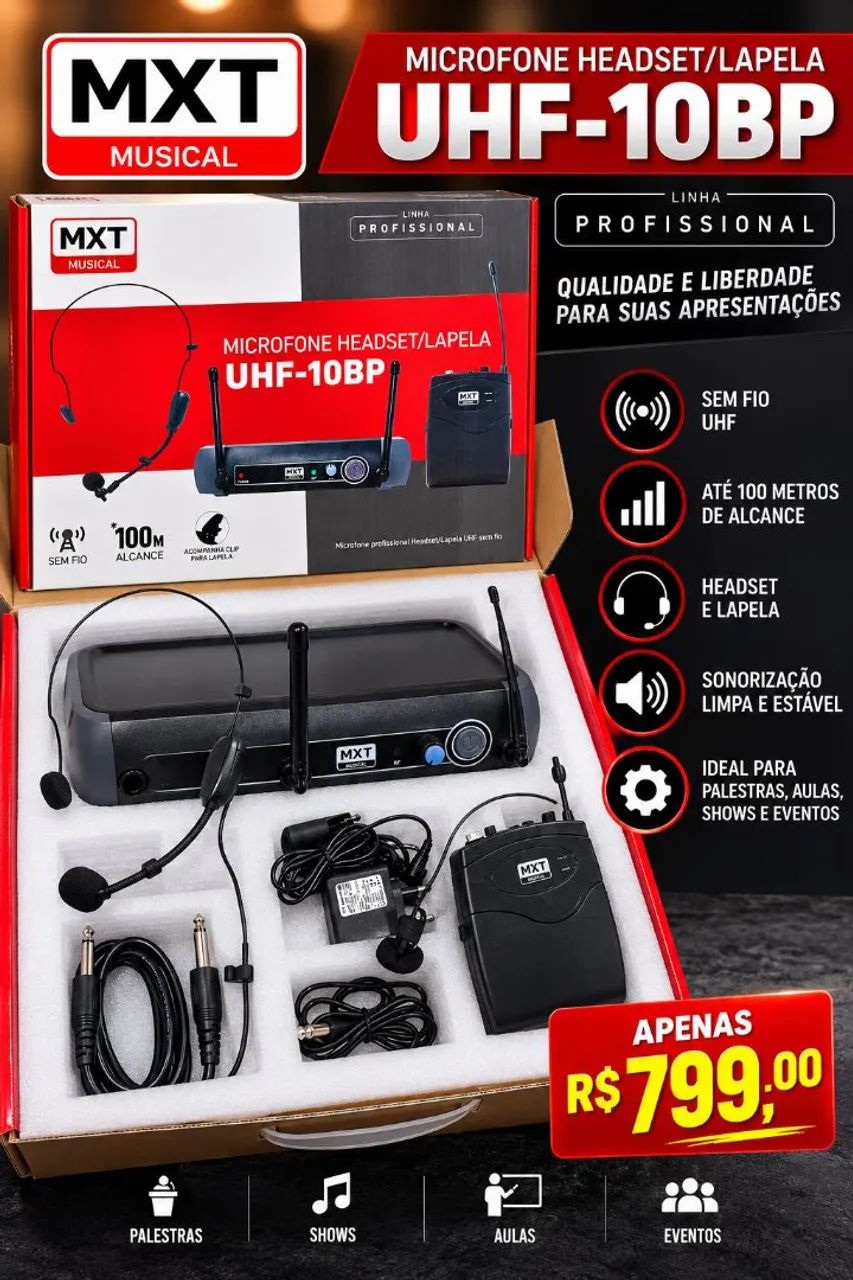 Microfone Headset/Lapela MXT UHF-10BP